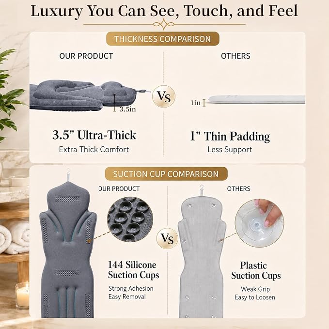 59'' Full Body Bath Pillow for Bathtub 6D Air Mesh 144 Suction Cups | Bath Pillow Luxury Bathtub Pillow 3.7'' Head, Neck and Back Support Bath Tub Pillow Extra-Large 59 x 20 Inch Size