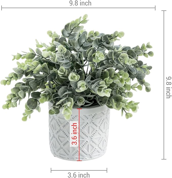 MyGift Artificial Eucalyptus Plant Gray Concrete Pot Geometric Pattern | Lifelike Eucalyptus Foliage, Geometric Embossed Detail, Maintenance Free Décor, Modern Accent, Natural Greenery Look