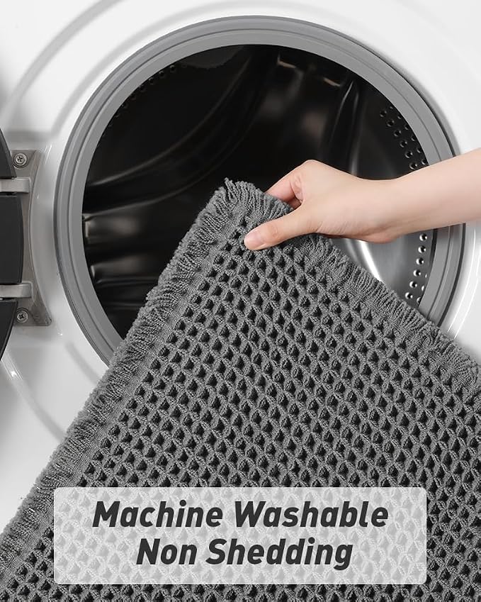 AMOAMI Upgraded Waffle Bath Mat, Super Absorbent Non Slip Bath Mats for Bathroom Floor, Washable Bathroom Rugs with Tassels, Rubber Backed Bathroom Mats, Ultra Soft, 20" x 32", Dark Grey
