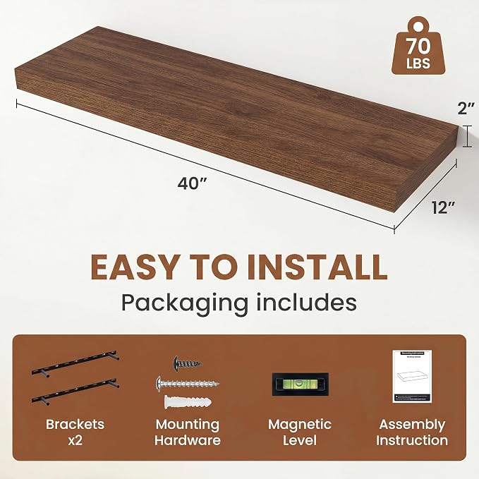 Vivelove Deep Floating Shelves 40x12” Set of 2, Walnut | Easy Install With Hardware, 2" Thick, Invisible Brackets, Wall Mounted, No Sagging, For Any Room