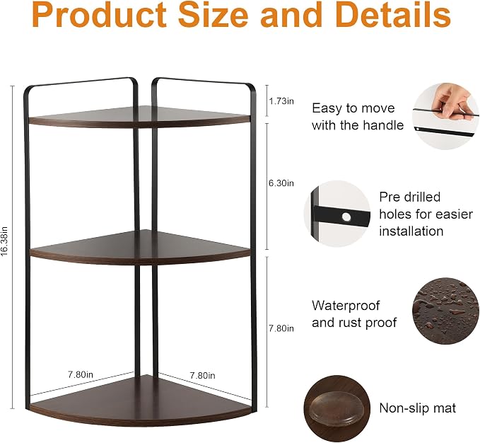 3 Tier Corner Bathroom Counter Organizer, Gray Brown | Countertop Sink Organizer Rack, Wooden and Metal Counter Shelf, Space Saving Corner Bathroom & Vanity