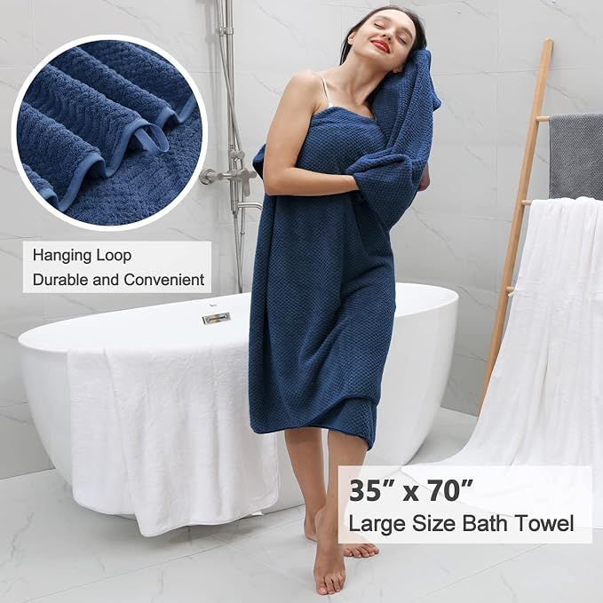 8 Pcs Navy Large Towel Set Soft Microfiber Bath Hand Towels Washcloths | Oversized towel with loop absorbent quilck dry no lint multiple pack easy replacement family set for bathroom beach pool gym