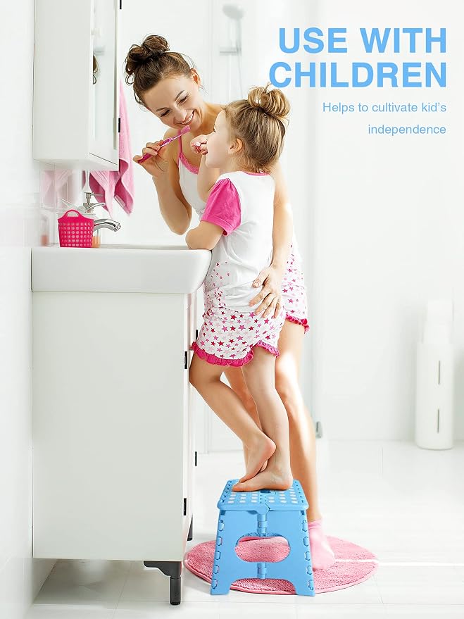 Dyforce Kids Step Stool 11 Inch, 300lbs Folding Step Stool for Adults | Toddler Step stool Light Blue,Anti-slip Heavy Duty with Carry Handle, Lightweight Foldable Stool for Bathroom Kitchen Bedroom