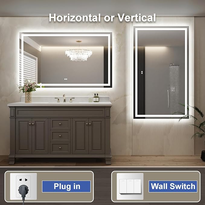 LED Bathroom Mirror 28"x36" Inch Lighted Bathroom Vanity Mirror with Lights, Brighter Frontlit and Backlit Light up Anti Fog Mirror, Tempered Glass, 3-Color Dimmable, Memory Function