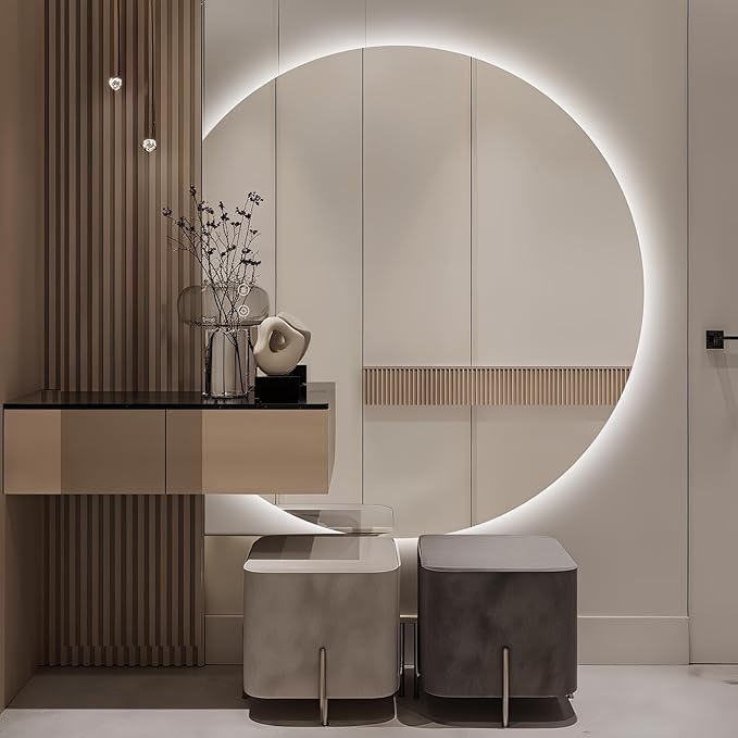 Niccy Round LED Bathroom Mirrors, Half Circle Backlit Mirror, 48" | Frameless Half Moon Mirror for Bathroom Wall, 3 Color Dimmable Anti-Fog Makeup Mirror, Explosion-Proof