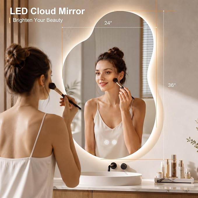 24" x 40" Irregular Backlit Bathroom Mirror, Anti-Fog | Tempered Glass, Cloud Shape, 3 Color Lighting, Stepless Dimming, Memory Function, HD Reflection, Wall Mounted