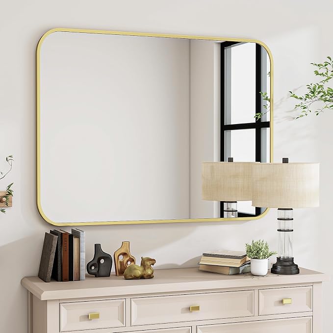 BEAUTYPEAK 30x40 Black Metal Frame Rectangle Vanity Mirror,Rounded Corners | Wall Mounted Bathroom Mirror for Farmhouse, Restroom, Entryway, Horizontal or Vertical Hanging