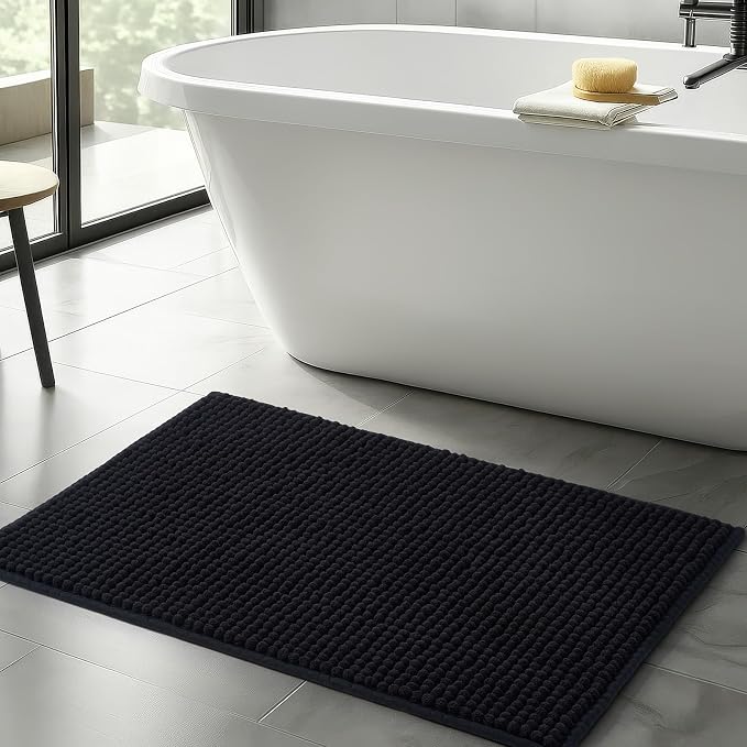 FRESHMINT Thick Chunky Chenille Bathroom Rug, Black, 24"x36" | Non-Slip Backing, Water Absorbent Surface, Machine Washable Care, Cushioned Comfort, Bathroom Floor Use
