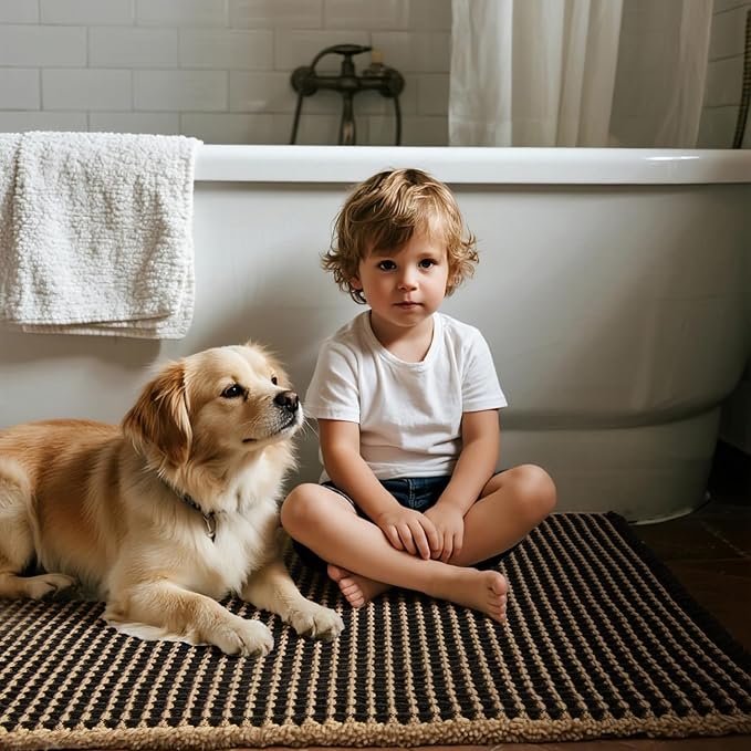 Triohero Waffle Bath Mat, Boho Bathroom Rugs Non Slip Washable, Ultra Soft Super Absorbent Quick Dry Farmhouse Bathroom Decor, 24" x 48", Black & Khaki
