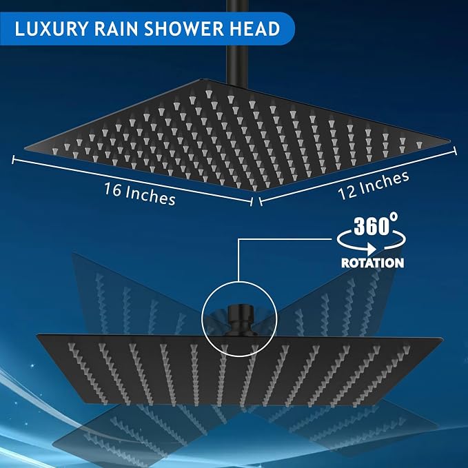 Voolan Extra Large Rain Shower Head - High Flow Square Rainfall Showerhead - Waterfall Full Body Coverage - Universal Ceiling or Wall Mount (16 * 12 Inch Rectangle, Matte Black)