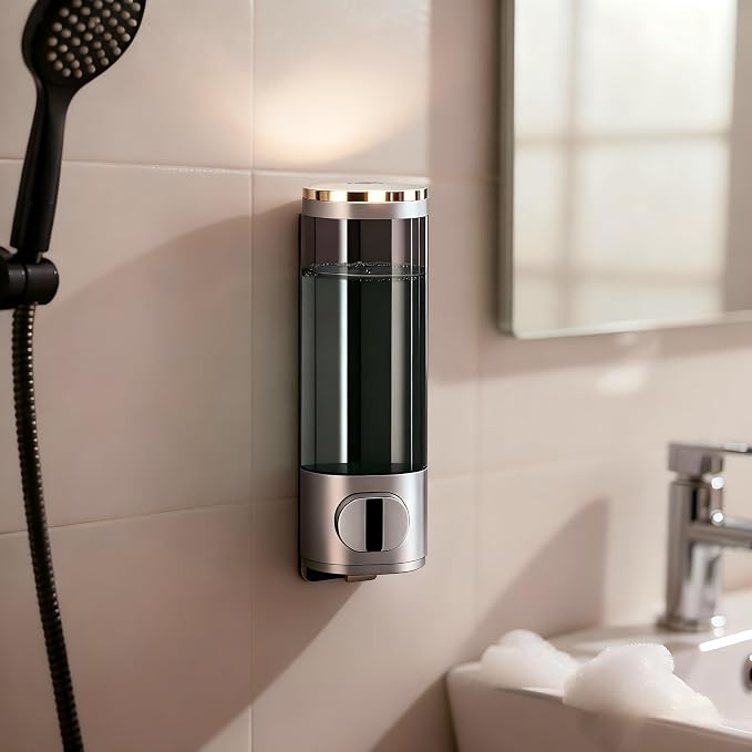 10oz/300ml Single Manual Wall Mounted Soap Dispenser, Silver | Bathroom Shampoo and Conditioner Dispenser, Clear Plastic Refillable Liquid Lotion Pump Dispenser and Organizer