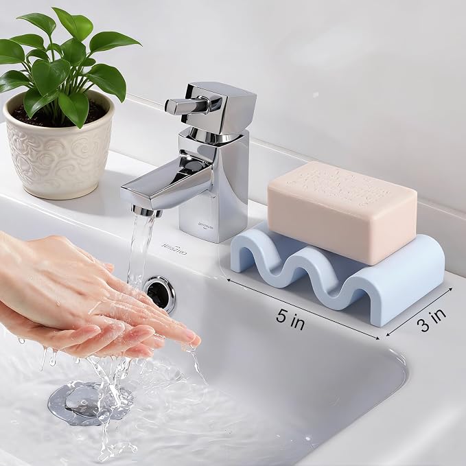 Diatomite Soap Dish Bar Soap Holder Wave Texture Sponge Tray, Blue | Quick Drying, Self Draining Design Helps Keep Bar Soap Dry for Bathroom Sink, Shower & Kitchen