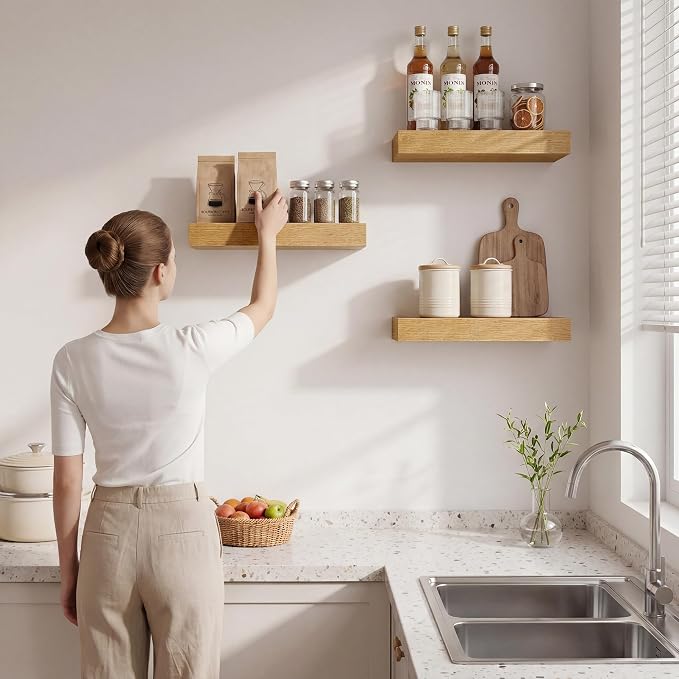 Marsmiles 8in Depth Floating Shelves, 8x8x1.4, Oak, Set of 3 | Small Wall Mounted Square Shelves, Engineered Wood, Invisible Brackets, Living Room, Bedroom, Bathroom, Kitchen Decor