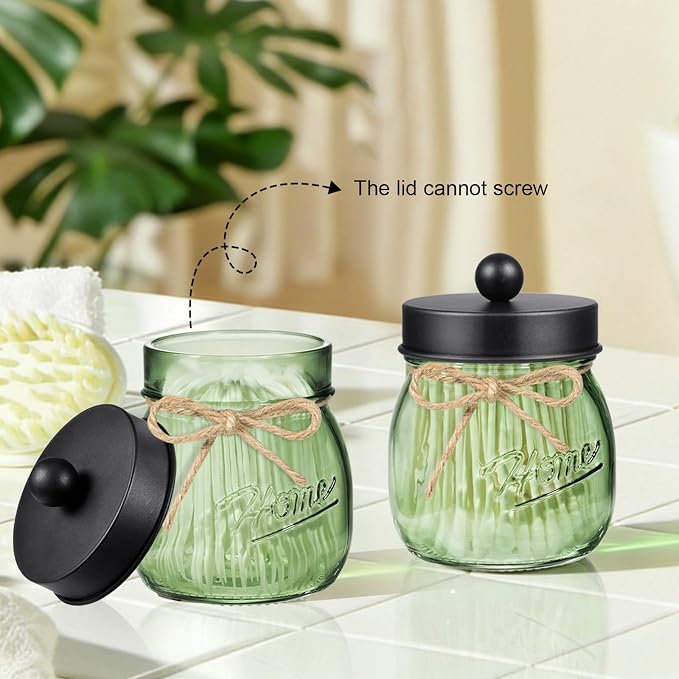 Amolliar 4PCS Bathroom Accessories Set, Green Glass Organizer Sets, Black | Lotion Soap Dispenser, Toothbrush Holder, 2 Qtip Holders, Rustic Farmhouse Decor for Countertop, Vanity, Bathroom Essentials
