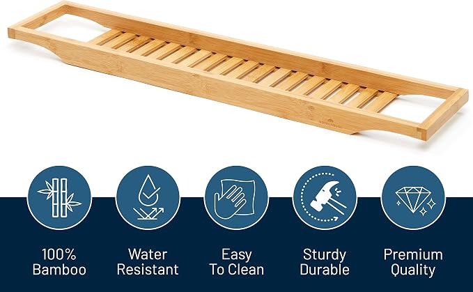 RoyalHouse Bamboo Bath Caddy Tray for Bathtub, Bath Table Tray with Book and Wine Glass Holder, Attractive Design, Suitable for Luxury Spa or Reading, Ideal Gift for Family & Friends