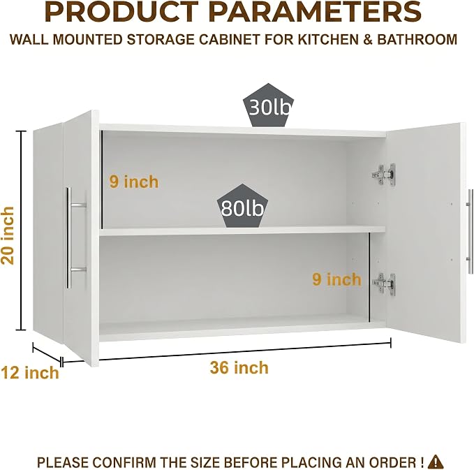 Wall Cabinet Set of 3, 36" W x 12" D x 20" H Wooden Wall Mounted Storage Cabinet, Double Door Cabinet with Soft Close, Metal Handle, Adjustable Shelf,for Kitchen, Garage, Laundry, Bathroom,White