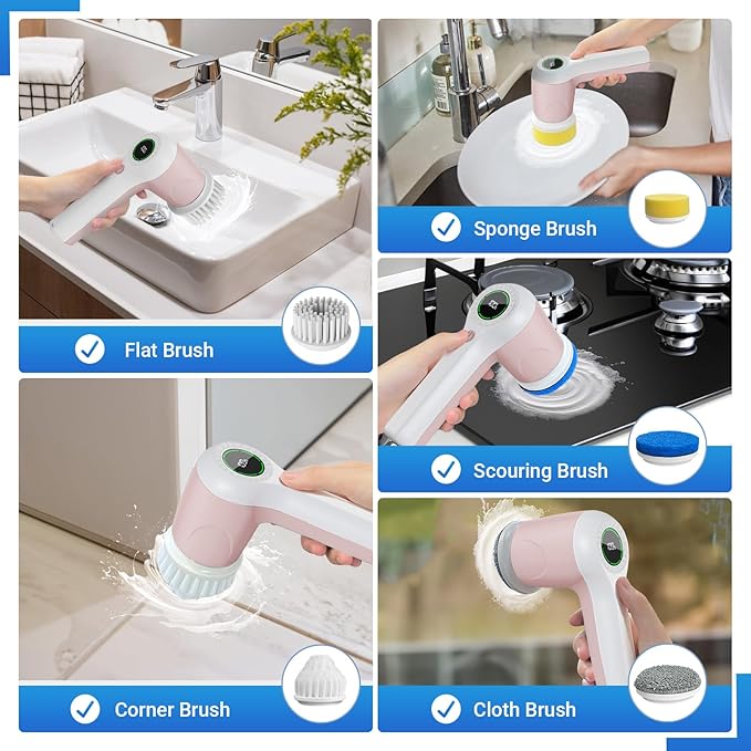 PUFTEM Electric Spin Scrubber, Cordless Shower Scrubber, Pink | Battery Level Display, Dual Speed, 6 Replaceable Brush Heads, IPX7 Waterproof, Long Runtime, Tub, Tile & Sink Cleaning