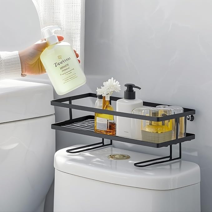 ShellKingdom Over the Toilet Storage Shelf, Toilet Paper Holder Stand Rack | Punch-Free Bathroom Storage Rack with 2 Hooks, Small Space Organizers for Bathroom, Home, Black