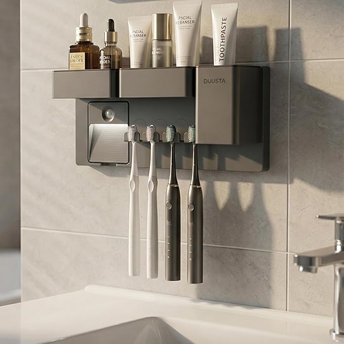 Toothbrush Holders for Bathrooms Toothbrush Holders Wall Mounted with Magnetic Night Light-4 Toothbrush Slots, 3 Independent Storage Compartments Bathroom Decor All-in-One Organizers Accessories Black