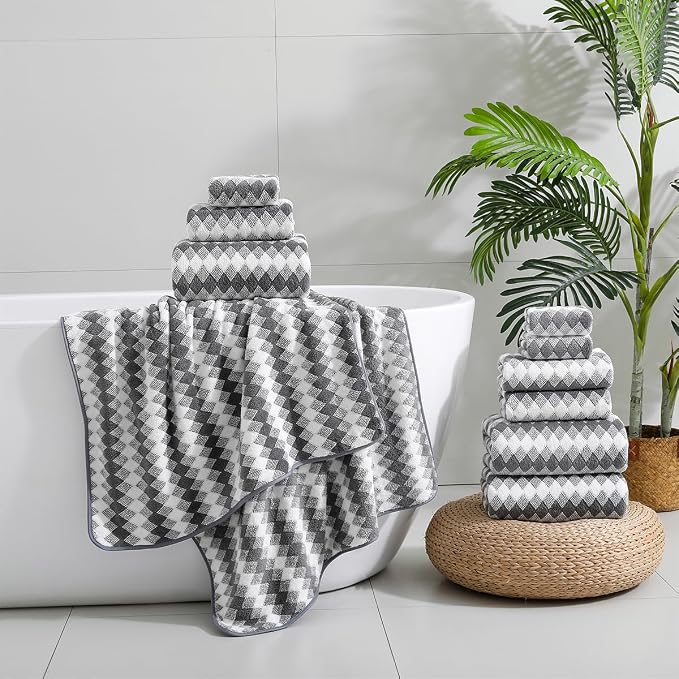 12 Pcs Gray White Diamond Towel Set-4 Bath Towels,4 Hand Towels,4 Washcloths Soft Polyester Towels with Loop Absorbent Shower Towel Quick Dry Beach Chair Towel Family Towels for Bathroom Spa Gym Pool
