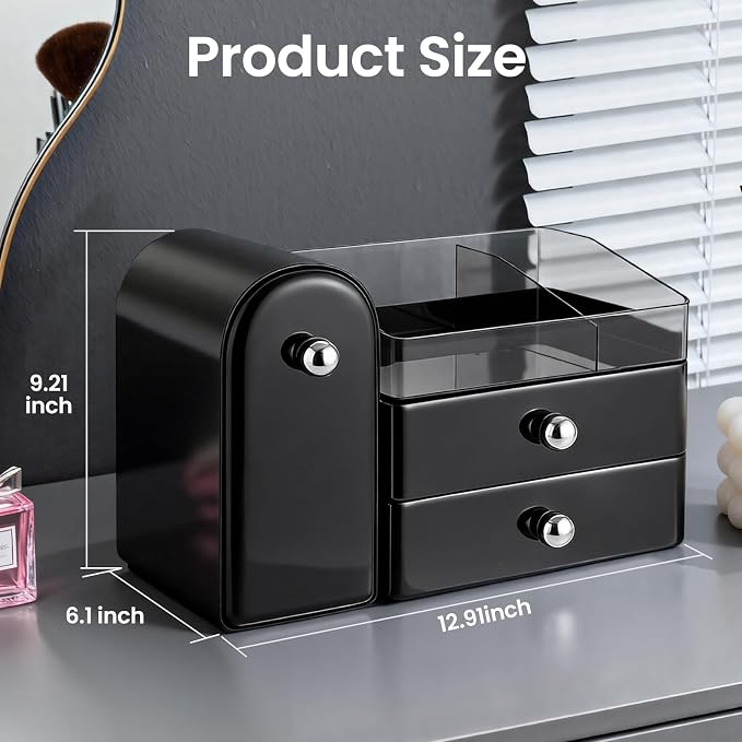 Makeup Organizer Countertop with Makeup Brush Holder,Black | Waterproof,Dustproof,Clear Drawer,Large Capacity,Storage Lipstick,Perfumes,Skincare for Vanity,Bathroom Countertop,Desk,Gift