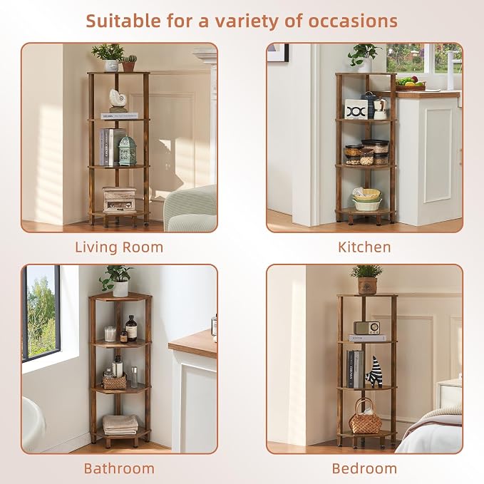 YUFAM 4-Tier Corner Shelf, Brown | Wooden Corner Bookshelf for Small Spaces, Corner Standing Shelf with Sturdy 5-Leg Base