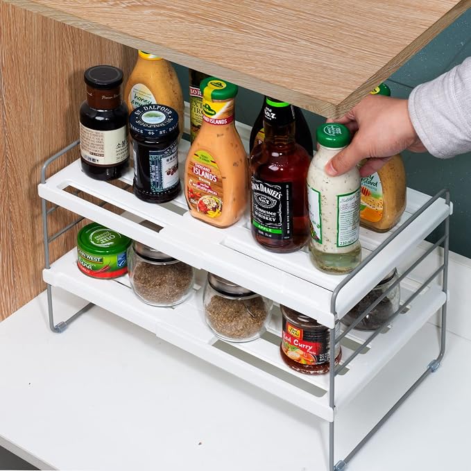 2 Pack Pantry Organization and Storage, Expandable Foil and Plastic Wrap Organizer, Adjustable Kitchen Wrap Organizer Rack for Cabinet, Foil Saran Wrap Holder Shelf for Sandwich Plastic Bags Box,