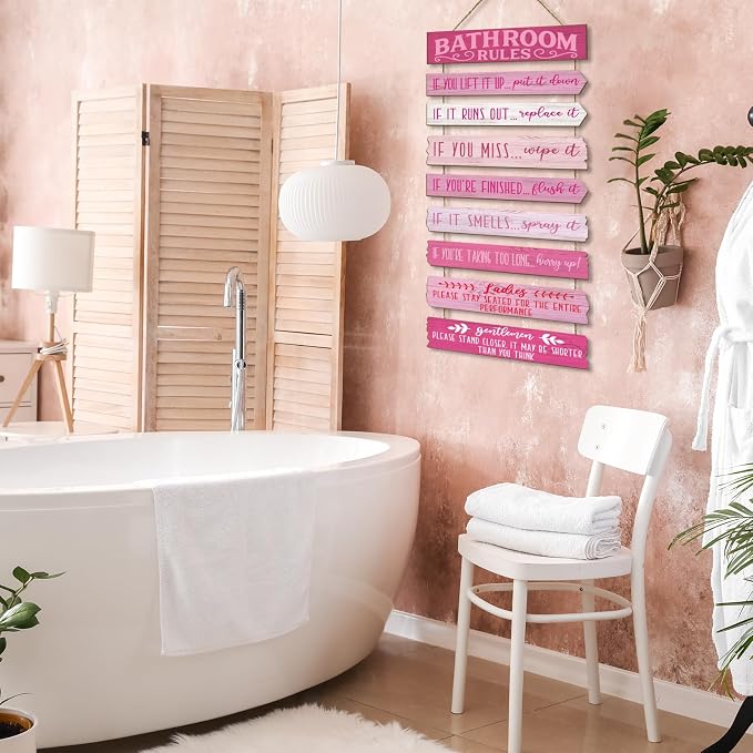 Bathroom Wall Decor Funny Bathroom Signs Bathroom Rules Pictures Wall Art Decor Rustic Farmhouse Toilet Decor Wooden Sign (Pink)