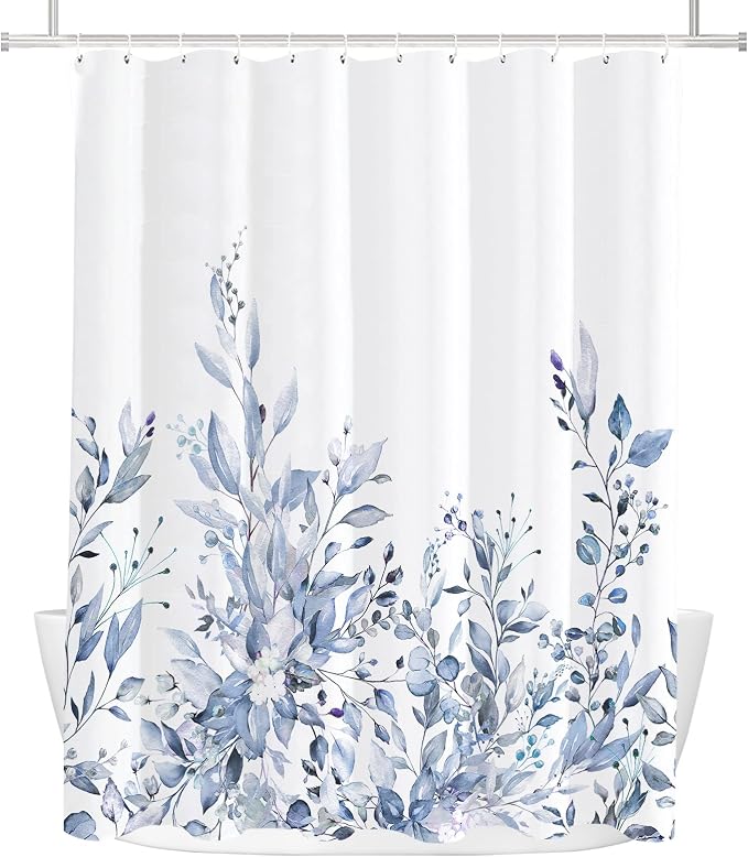 Tititex Serenity Light Blue Eucalyptus Shower Curtain Sets, Bright Watercolor Leaves Plant with Floral Bathroom Decoration 71x71 Inch with Hooks