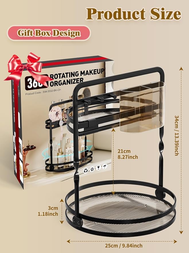 360 Rotating Makeup Vanity Organizer,Black 2-Tier Perfume Organizer | Bathroom Countertop Organizer, Lazy Susan Vanity Tray Spinning Skincare Storage with Jewelry Hooks & Makeup Brush Holder
