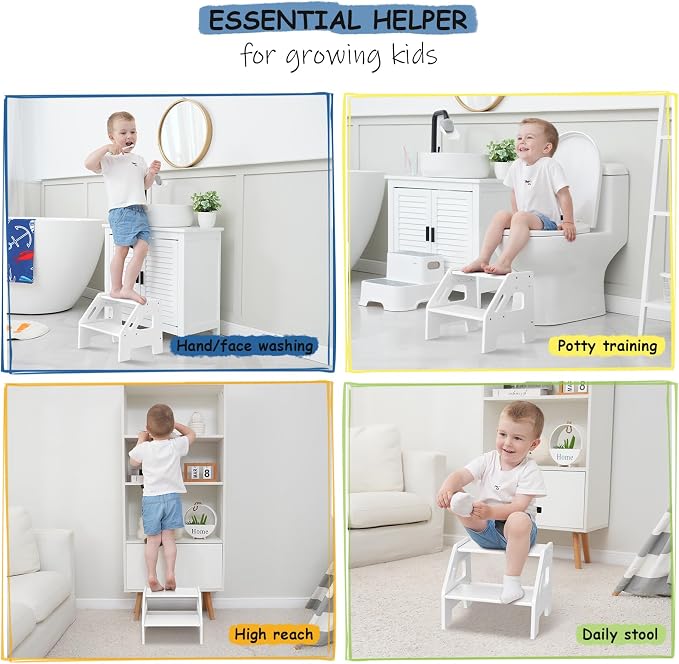 Harwaya White Wood Toddler Step Stool for Bathroom Sink, 2 Step Kids Stool for Toilet Potty Training, Baby Child Stepping Stool with Handles for Toddlers Nursery Kitchen Counter (White)