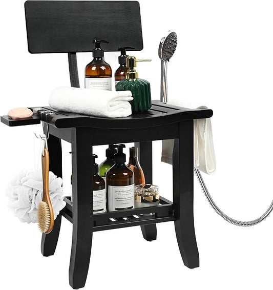 Bamboo Shower Chair for Inside Shower Elderly Disabled, Black | Two-Tier Shower Bench with Storage Shelf, Soap Dish, Shower Head Holder, Watrerproof Shower Seat for Adults Pregnant
