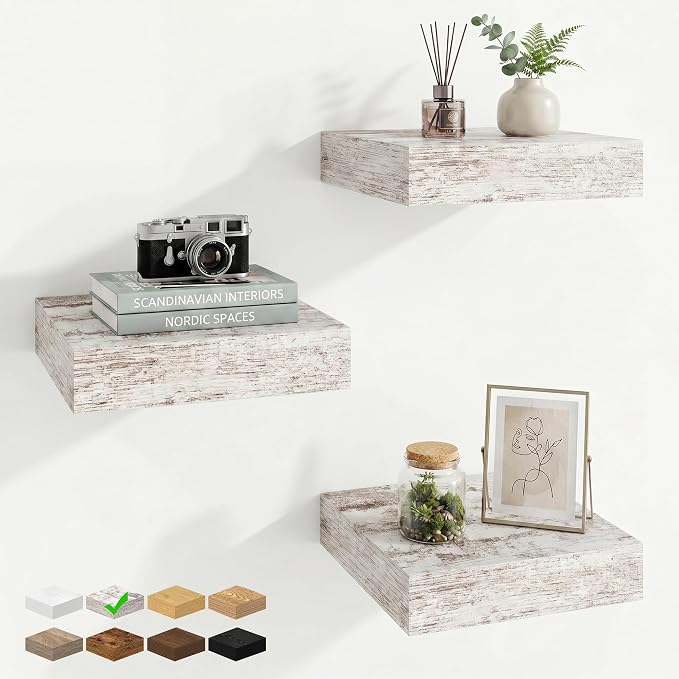 Marsmiles 8in Depth Floating Shelves, 8x8x1.4, Vintage White, Set of 3 | Small Wall Mounted Square Shelves, Engineered Wood, Invisible Brackets, Living Room, Bedroom, Bathroom, Kitchen Decor