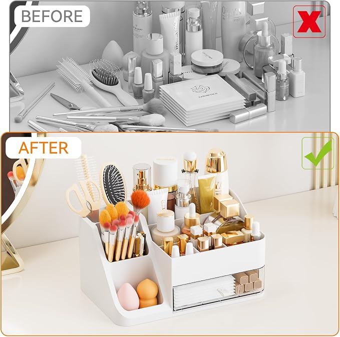 White Makeup Organizer Countertop,Large Cosmetics Storage Organizer for Make up Brush,Hair Products and Beauty Skincare Organizers,Plastic Makeup Holders and Organizers for Bathroom,Vanity,Desk