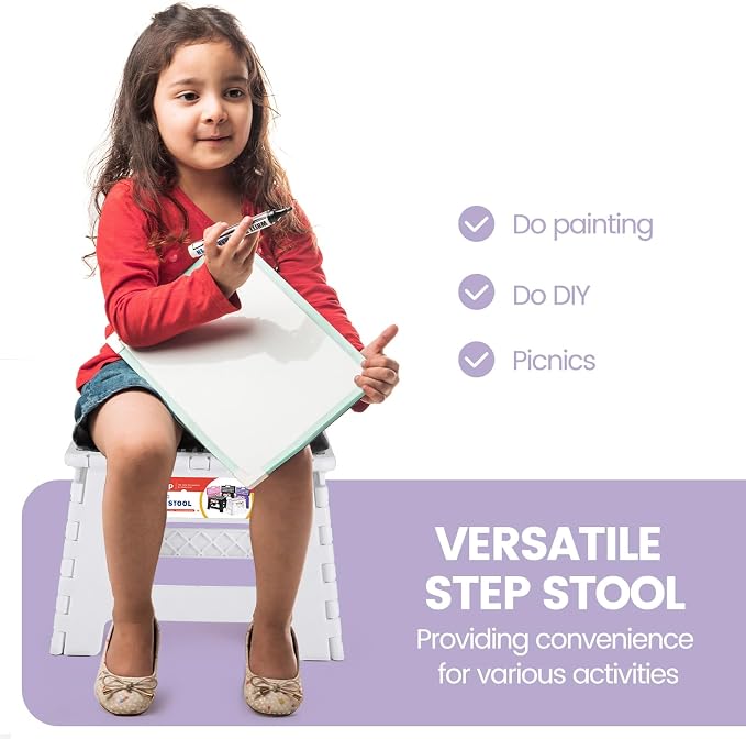 9" Folding Step Stool, Non-Slip Surface Stool for Kids, Dot White | Heavy Duty Foldable Stools, Lightweight, Holds 300 lb, for Toddler Kitchen Bathroom Bedroom Outdoor, Collapsible with Handle