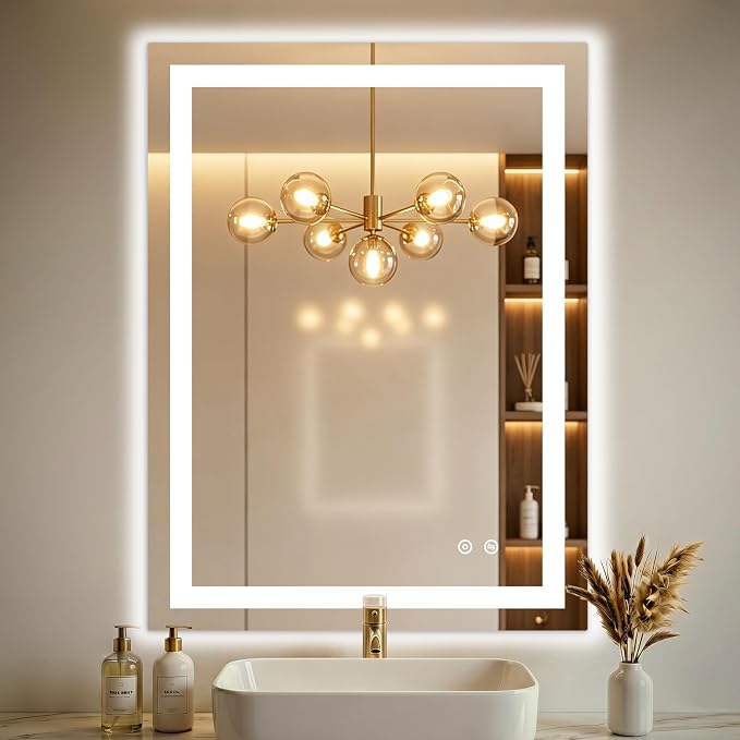 32x24 LED Bathroom Mirror with Lights, Lighted Vanity Mirror for Wall | Front and Backlit, Anti Fog, Dimmable 3 Color Lighting, Memory Function, Shatter Resistant Glass, Plug in or Hardwired