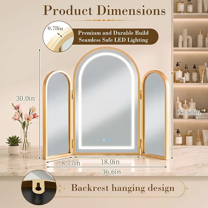 Trifold Vanity Mirrors 3 Way, 30 x 37 in Adjustable Trifold Mirror for Bathroom Bedroom, Decorative Folding 3 Sided Mirror Wall Mounted for Braiding Hair Makeup(Arched,LED, Gold)