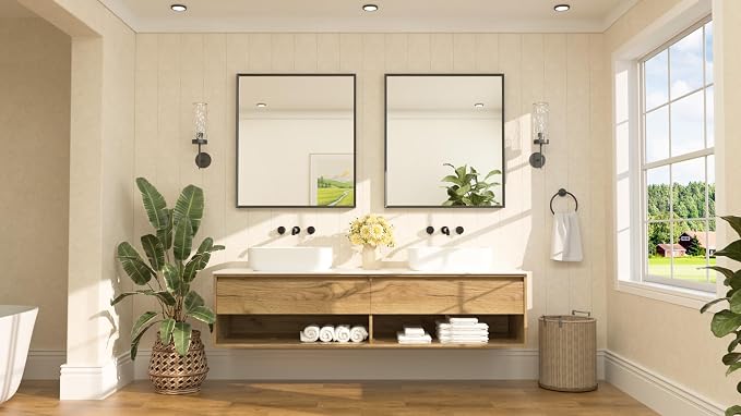 Black Framed Mirror for Bathroom Vanity 32" x 36" Matte Black Rectangle Beveled Frame Wall Mirror for Over Sink, Tempered Glass, Modern Farmhouse Bedroom, Entryway, Living Room