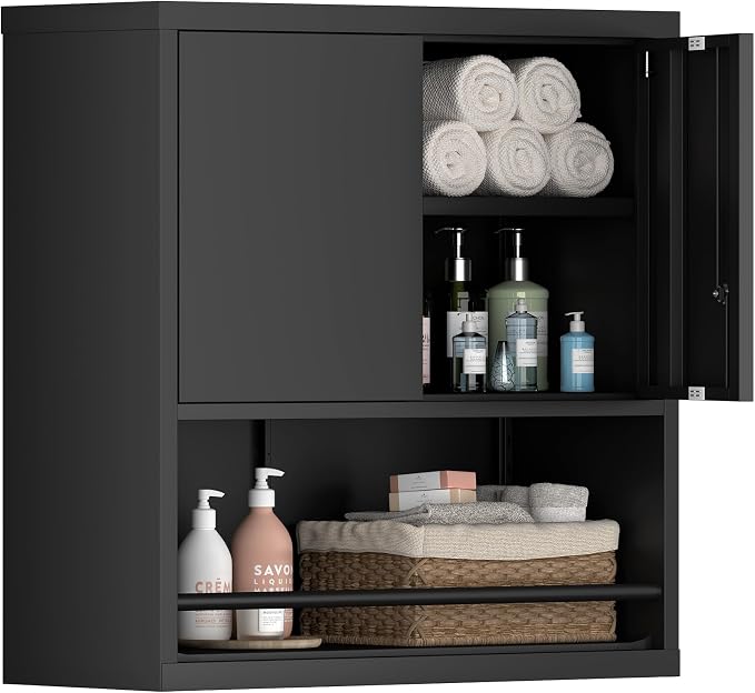 Metal Cabinet,Lockable Storage Cabinet with Doors,Metal Garage Wall Cabinet with Adjustable Shelf,Locking Cabinet for Home Office,Garage,Shop,Black