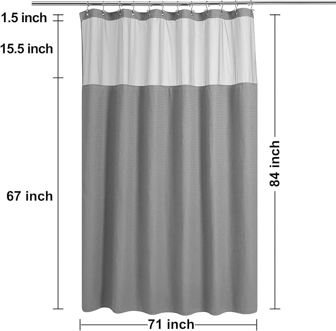 N&Y HOME Extra Long Waffle Shower Curtain with Snap-in Liner Gray, 71x84 | 12 Hooks & Snap on Fabric Liner, Washable, Mesh Window, Hotel Style, 84 inches Length Grey Shower Curtain Set for Bathroom