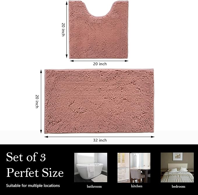 Bathroom Rugs Chenille Bath mat 2 Piece Set, Super Absorbent, Strong PVC Non Slip Backing, Bath mats for Bathroom, Plush Shaggy, Thick, Machine Washable, Bathtub, Toilet.(Deep Pink)
