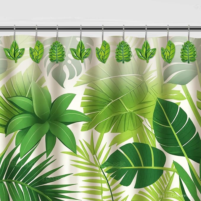 12-Piece Green Leaves Leaf Shower Curtain Hooks for Bathroom | Decorative Shower Curtain Hooks, Stainless Steel Shower Hangers Rings