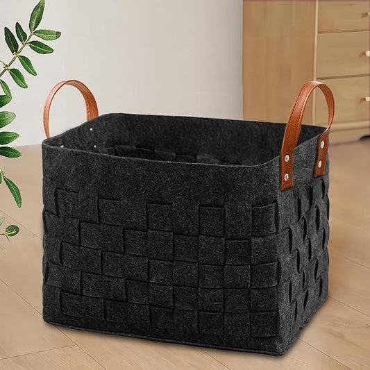 Laundry Basket 16.5 " x13 x13 , Large Rectangular Blanket Basket with Leather Handle, Felt Storage Basket for Living Room, Nursery, Dog Toys-Dark Gray