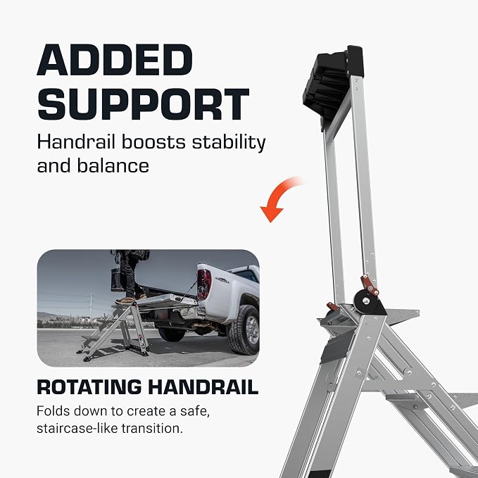 Little Giant Jumbo Step 3-Step Foldable 2.2 ft Aluminum Stool, 11903 | Foldable Aluminum Step Stool, Extra-Wide Stair-Like Treads, Rotating Handrail, Tool Tray, 375 lbs. Weight Capacity