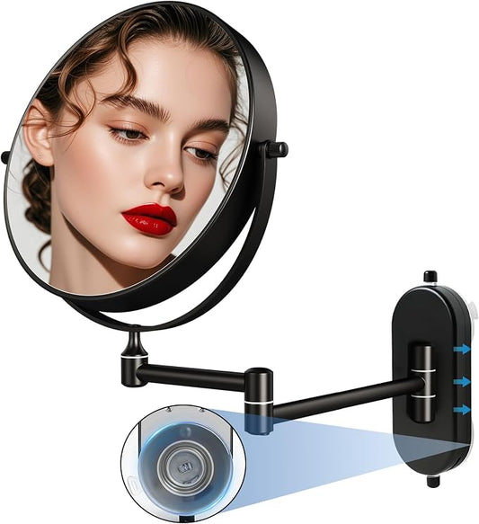 8“ Suction Cup Makeup Mirror Wall Mounted No Drilling, 1X/10X Magnifying Mirror Wall Mounted Makeup Mirror Swing Arm 360° Rotation, Wall Mount Powerful Suction Cup for Bathroom & Shaving Black