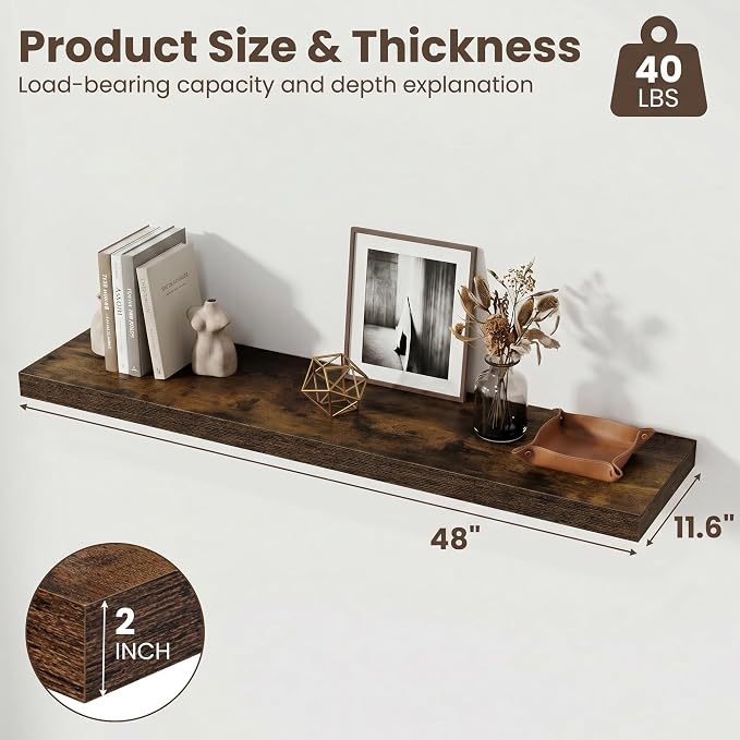 Fun Memories 48inch Floating Shelves, 12" Deep Wall Shelves for Storage and Home Decor, White Wall Shelves for Living Room Bedroom Bathroom Kitchen Laundry Room, Set of 2