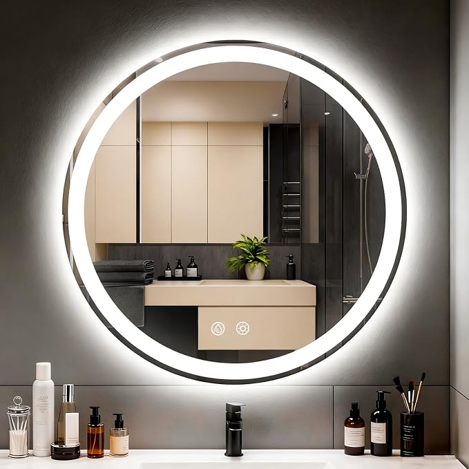 LTFUUAI 24" Round LED Bathroom Mirror with Lights, Front & Back Light | Lighted Bathroom Mirror, Touch 3-Color Stepless Dimming, Wall Mounted, Anti-Fog Shatterproof, UL Listed