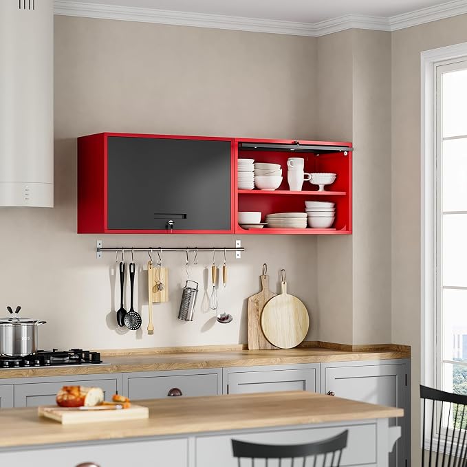 Metal Garage Wall Cabinet with Doors and Shelves,Wall Mounted Metal Storage Cabinet, Floating Steel Tool Cabinet for Garage,Basement,Kitchen,Warehouse (Red Black,21.6" H)