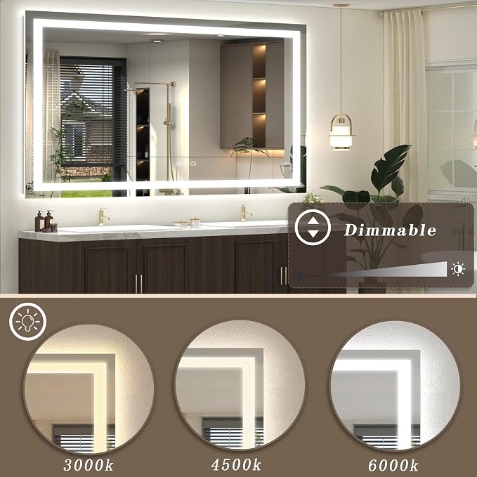 72x36 LED Lighted Bathroom Mirror for Vanity Wall | Front Light and Backlit, Anti-Fog, Memory, 3 Color, Tempered Glass, Dimmable, Rectangular, UL, Horizontal/ Vertical Mounted