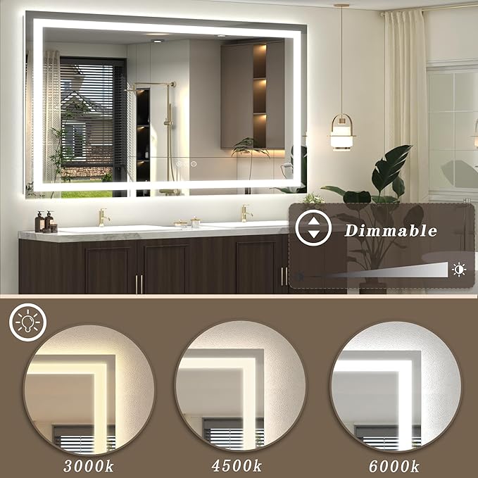 60x36 LED Lighted Bathroom Mirror for Vanity Wall | Front Light and Backlit, Anti-Fog, Memory, 3 Color, Tempered Glass, Dimmable, Rectangular, UL, Horizontal/ Vertical Mounted